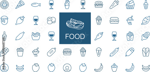 Assorted blue food line icons collection featuring pizza burger drink and snack elements on transparent background for catering.