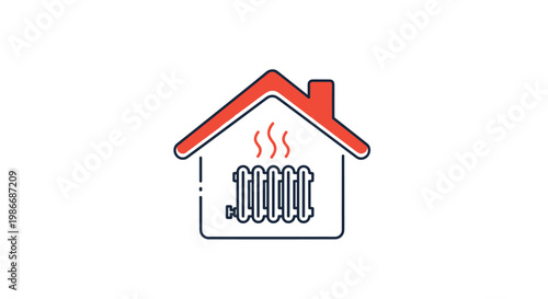 Simple house icon containing a heating radiator with heat waves representing efficient home warming and comfort.