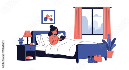 Young woman enjoys reading a favorite book while lying in bed in a cozy blue bedroom with a nightstand and window view.
