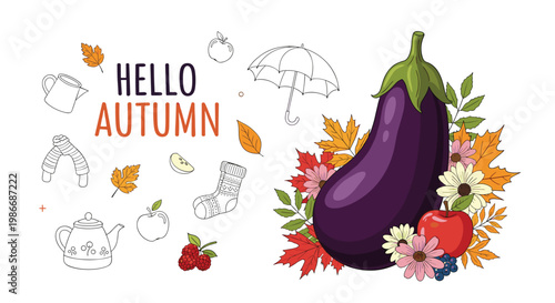 Hello autumn illustration featuring a purple eggplant surrounded by fall leaves and flowers with seasonal line art icons.