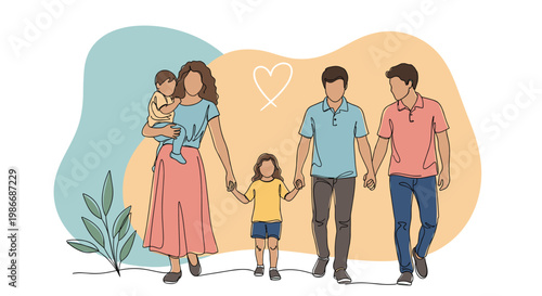 Happy family of five walks together in a flat vector style illustration representing love and unity in a community.
