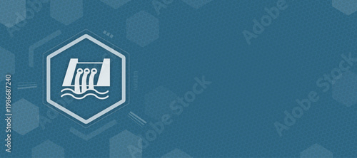 Abstract background featuring a hydroelectric dam icon in a hexagonal frame, symbolizing renewable energy, sustainable power production, and industrial technology.