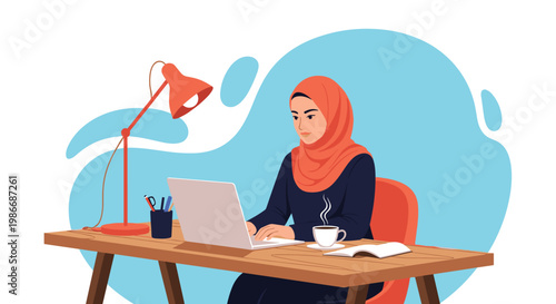 Professional muslim woman in a hijab works on her laptop at a wooden desk with a bright lamp and a cup of hot coffee.