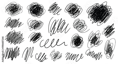Hand drawn scribble set, black ink pen sketches and messy doodle elements, abstract chaotic line art collection, 20 vector graphic design assets