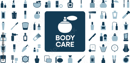 Beauty and body care flat icons set featuring perfume bottles lipstick makeup brushes and grooming accessories for vanity table.