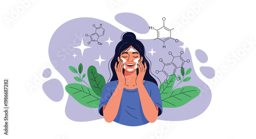 Smiling woman applies skin care cream to her face with chemical molecular structures and green leaves in the background.