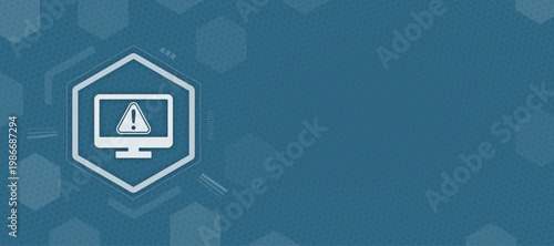 Abstract technology background with a computer monitor icon showing a warning sign in a hexagon frame representing cyber security threats, technical issues, and system error