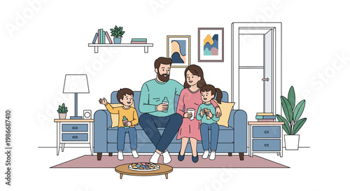 Happy family of four sits on a blue sofa together in a cozy living room enjoying snacks and drinks while bonding.