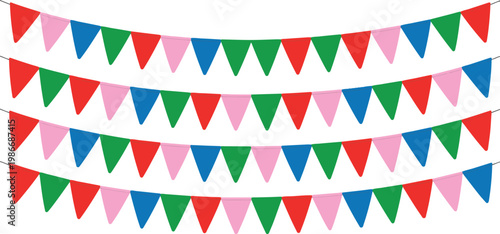 Four rows of colorful party bunting flags, red, pink, green, and blue, hanging on a transparent background.