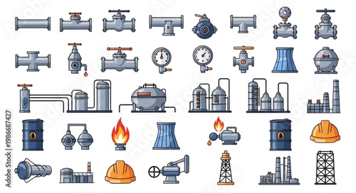 Oil and Gas Industry Icons - Valves, Gauges, and Industrial Plants.