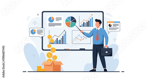 Financial analyst presents data on a whiteboard with gold coins falling into a box symbolizing profit and investment growth.