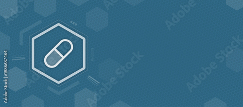 Abstract medical background with a pill icon in a hexagon frame, conceptual design for healthcare and pharmaceutical technology communication