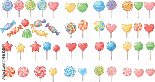 Colorful Lollipops and Candy Illustrations Set Featuring Various Shapes, Swirls, Hearts, Stars, and Fun Candy Designs for Sweet Treats