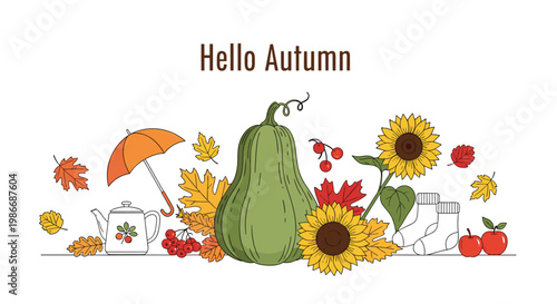Hello autumn banner design features a large green pumpkin surrounded by colorful sunflowers fall leaves and seasonal fruits.