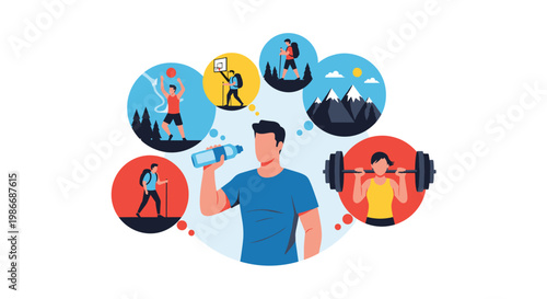 Athletic man drinks water while contemplating various fitness activities like hiking weightlifting basketball and climbing.