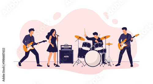 Musical band with a talented female singer guitarists and a drummer performs live on stage with professional equipment.