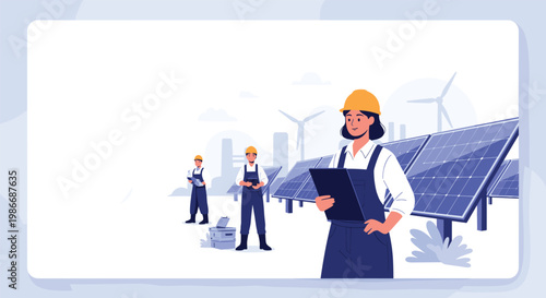 Group of renewable energy engineers and technicians work at a large solar power plant with wind turbines in the distance.