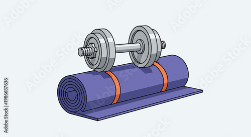 Heavy silver dumbbell rests on top of a rolled blue yoga mat indicating a home workout or fitness equipment preparation.