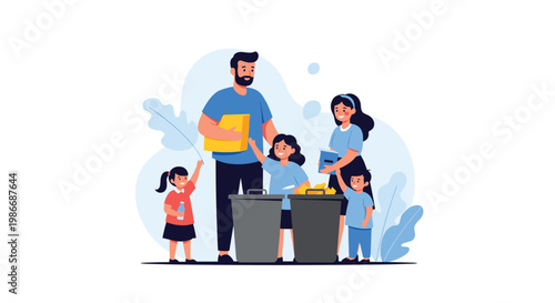 Responsible family with children teaches the importance of recycling by sorting trash into different bins together.