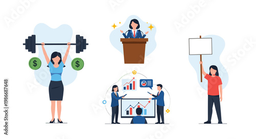 Set of women in various empowering roles including a professional speaker financial analyst weightlifter and activist.