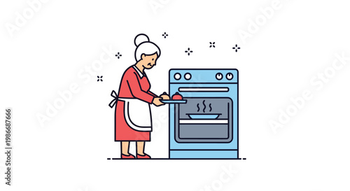 Elderly woman wearing an apron carefully places a baking tray into a blue kitchen oven to prepare a home cooked meal.