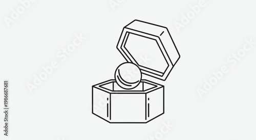 Line drawing of a sphere inside a hexagonal geometric box represents concepts of precision storage or three dimensional design.