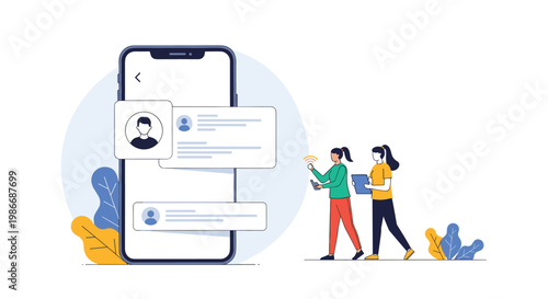 Modern communication concept shows a smartphone with social profiles and two women walking with their mobile devices.