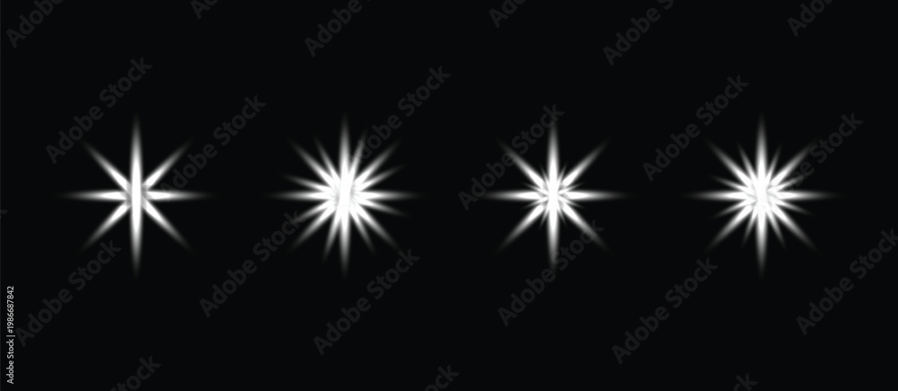 Fototapeta premium White star sparks shine with special light. Sparkling magic dust particles. Christmas abstract pattern glittering light effects, sparkling stars, white bokeh, and shiny glow on a black background. 