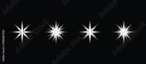 White star sparks shine with special light. Sparkling magic dust particles. Christmas abstract pattern glittering light effects, sparkling stars, white bokeh, and shiny glow on a black background. 
