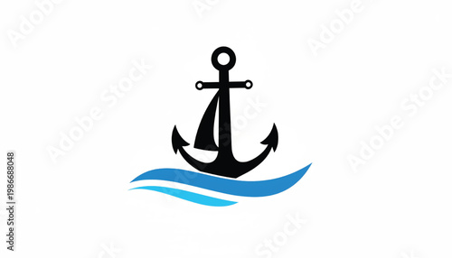 Anchor icon with blue waves and black nautical silhouette for maritime navigation and marine branding purposes