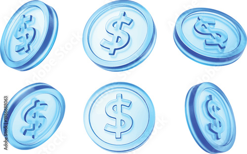 Banking, coin concept. Blue glass token coin isolated on transparent background.Cryptocurrency Coin