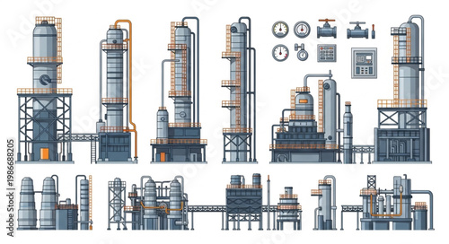 Detailed Illustration of Industrial Chemical Plant Equipment and Structures.