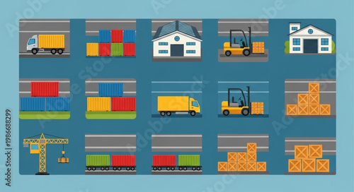 Logistics and Distribution Icons - Warehouses, Trucks, and Cargo.