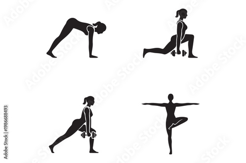 Four silhouettes demonstrating different yoga and fitness poses