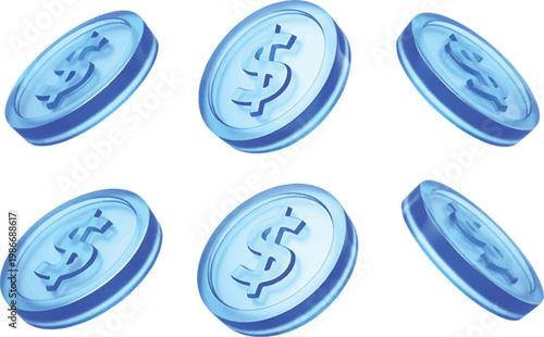 Banking, coin concept. Blue glass token coin isolated on transparent background.Cryptocurrency Coin