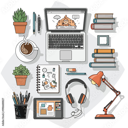 A cluttered desk with laptop, books, and office supplies