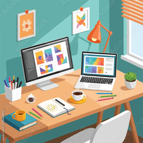 A cluttered desk with office supplies and computers