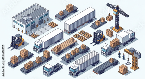 Isometric Logistics and Transportation Scene with Trucks and Cranes.