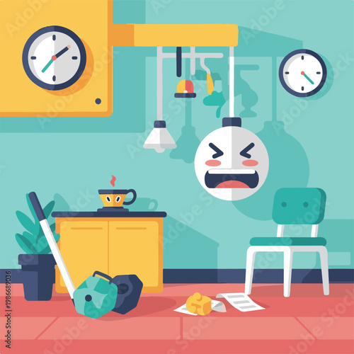 A cluttered room with a sad light