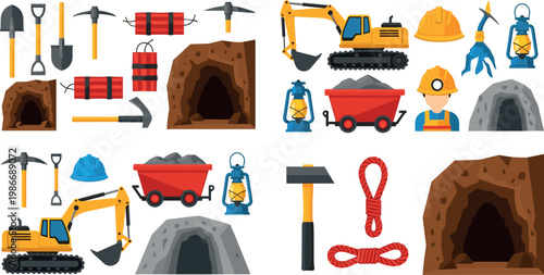 Mining Tools and Equipment Set Including Excavators, TNT, Helmets, Lanterns, and Mine Carts for Vector Illustrations on White Background