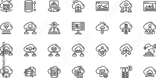 Cloud computing and data management line icon set featuring storage server network backup technology outline vector collection