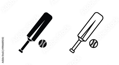 Two depictions of cricket bats and balls in contrasting black and white