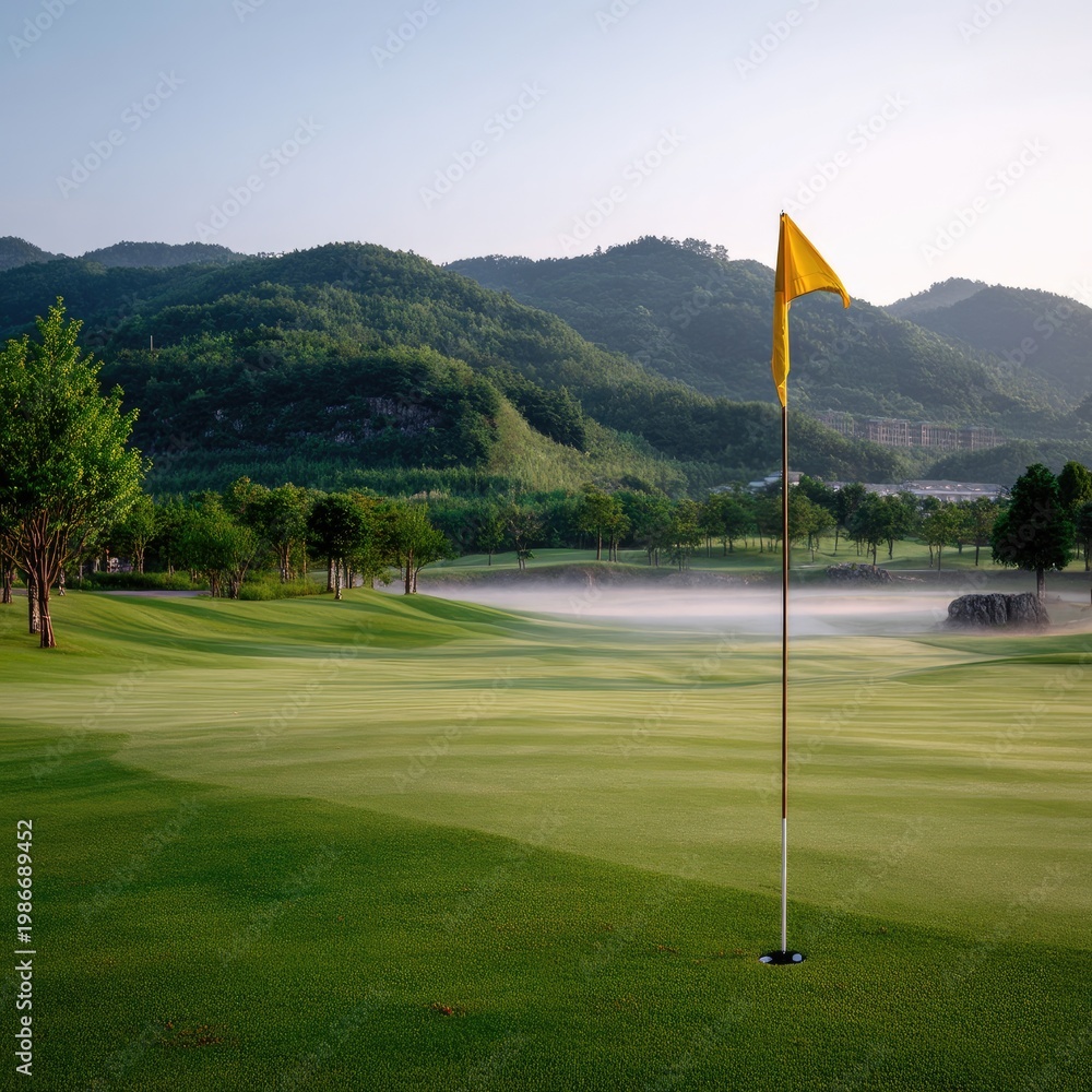 Obraz premium Serene Golf Course Landscape Under Morning Sunlight in Nature