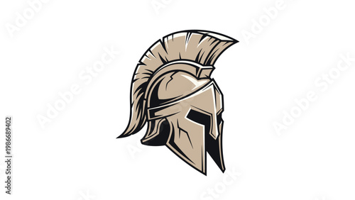 Classical spartan or roman warrior helmet with a large feathered crest depicted in a detailed beige and black illustration.