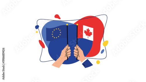 Hands holding the European Union and Canadian flags side by side to represent an international alliance or partnership.