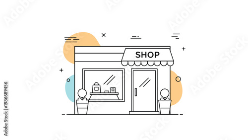 Simple line art drawing of a small retail shop storefront with a large window display and a classic striped awning.