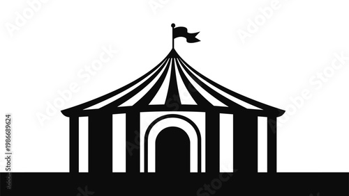 Bold black silhouette of a classic circus big top tent with a striped roof and a flying flag shown on a simple ground line.