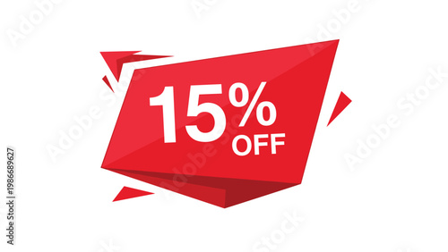 Special promotional offer banner featuring fifteen percent discount on red geometric shapes for marketing and seasonal sale campaigns.