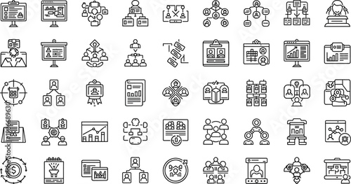 Business workflow and organizational structure line icon set featuring project management analytics minimal outline vector collection