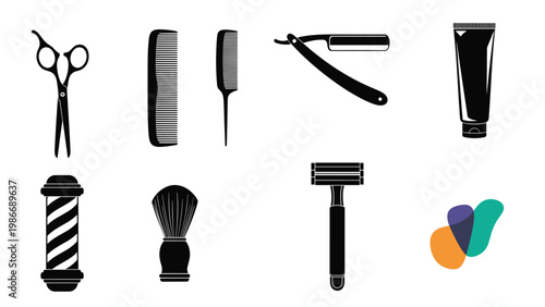 Professional barbershop tool icons including scissors combs straight razors a brush and a barber pole in a clean black and white style.